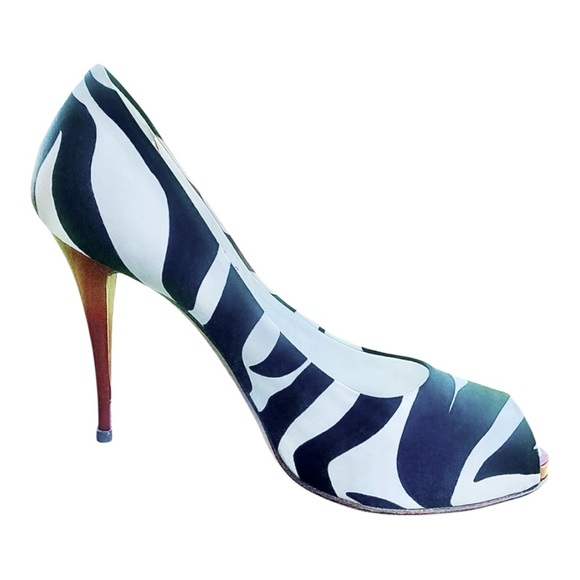 Giuseppe Zanotti Peep Toe Black and White Zebra Print Red Heels Shoes 10.5 B - Picture 5 of 7